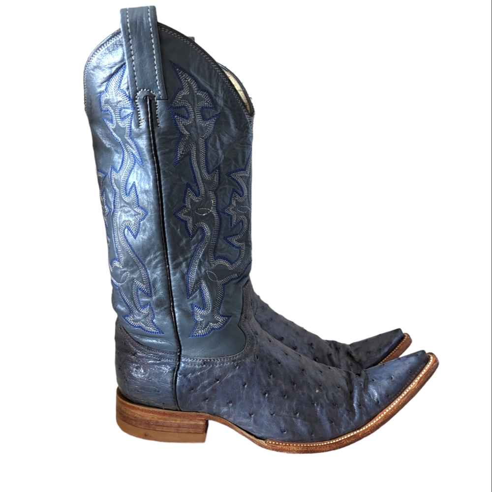 Vintage Blue Ostrich Leather Pointy Toe Cowboy Western Boots Size 6.5 D - Picture 2 of 9